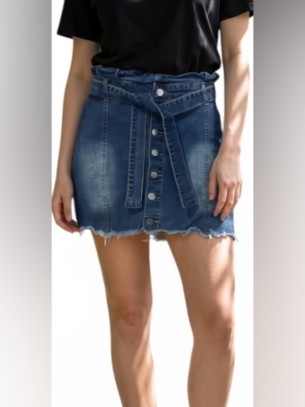 Women’s Blue Denim Button-Front Mini Skirt with Belt, Size XL